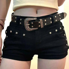 American Hot Girl Dark Y2k Hip-packing Black Pants Rivet Design Sense Denim Shorts Women's Low Waist Slim Hot Pants voguable