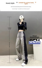Black High-waisted Straight-leg Wide-leg Jeans Women's Trendy Slimming New Arrival Spring Summer Design Sensibility Grey voguable