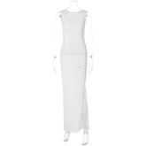 Voguable O Neck Chic Side Single-breasted White Women Dress Sleeveless Temperament Split Slim Bag Hip Bodycon Lady Holiday Going Out Gown voguable