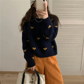 Love jacquard sweater for women in autumn and winter, loose, soft, lazy, high-end short knitted sweater for little people voguable