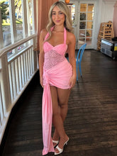 Lace Draped Ruched Sexy Mini Dress For Women Robe Fashion Halter Off-shoulder Backless Sleeveless Bodycon Club Dress voguable