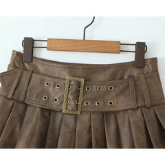 American Retro With Belt Pleated Mini Skirt Women Low Waist Brown Faux Leather Skirts Cool Girl PU Y2K saia
