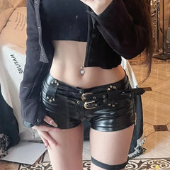 Vintage Nightclub Sexy Low Waist Pu Leather Belt Ultra Shorts Boots Women's Fashionable Versatile Female Dressing Shorts voguable