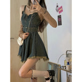 Voguable Pure Desire Style Belted Denim Mini Dress Women Vintage Irregular Tassel Spaghetti Strap Denim Dress Streetwear A-Line Tunic Ves voguable