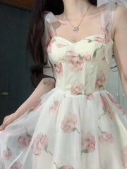 Voguable Sweet Elegant Floral Strap Dress Women Causal Fashion Korean Long Fairy Dresses Female Summer One Piece Dress Chic Evening Party voguable