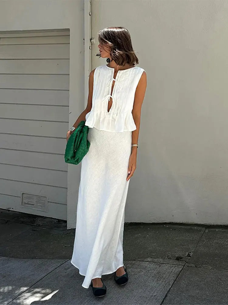 Elegant Solid Women Skirt Set Fashion O-neck Lace Up Sleeveless Pleated Vest Suit 2024 Lady White High Waist Long Skirts Outfits voguable