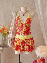 Voguable Women Floral 3 Piece Tankini Set Halter Neck Tank Top Bikini Brief Drawstring Tiered Ruffle Swim Skirt Tropical Beach Swimwear voguable