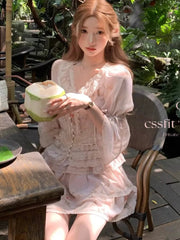 Women Print Lace Two Pieces Sets French Elegant Spliced Ruffles Slim Waist Lace-up O-Neck Top + Cake A-Line Skirt Summer Fashion voguable