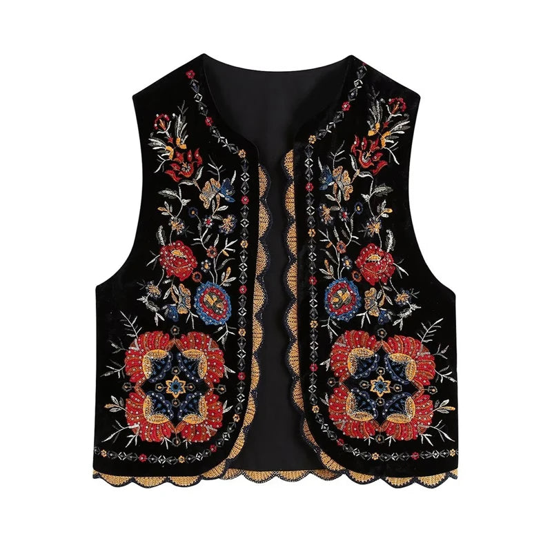 Vintage Waistcoat Women y2k Aesthetic Vest Flower Embroidery Sleeveless Cardigan Coat Tops 2000s Clothing Streetwear voguable