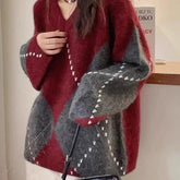 Voguable Contrasting Diamond Plaid Wool Sweater Autumn Winter Women's Lazy Comfortable Sweater Soft Top voguable