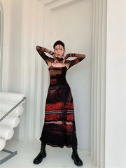 2 Piece Mesh Long Sleeve Punk Dress Women Turtleneck Long Midi Bodycon Ladies Dress Runway Fashion Designer Clothes voguable