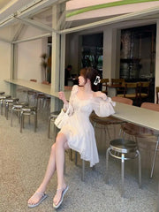 French Beige Pleated Ruffles Princess Short Dresses Women Sweet Fashion Temperament Vacation Ball Gown Party Mini Dress Backless voguable