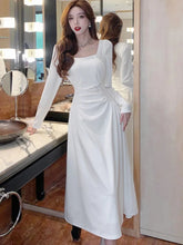 French Dresses For Women's Fashion Elegant Long Sleeves A-Line Square Collar Pleated Femme Vestidos Vintage Office Lady Casual voguable