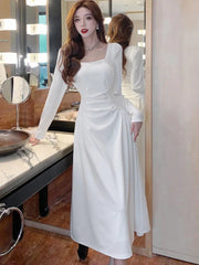 French Dresses For Women's Fashion Elegant Long Sleeves A-Line Square Collar Pleated Femme Vestidos Vintage Office Lady Casual voguable