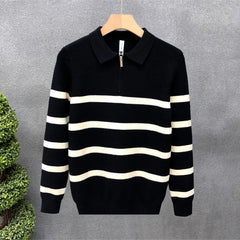 Autumn Winter New Fashion Turn-down Collar Half Zipper Long Sleeve Pullovers Men's Clothing Striped Knitting All-match Chic Tops