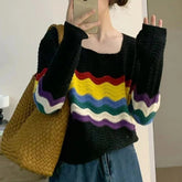 Voguable Women Trendy Rainbow Striped Hollow Out Chic Sweet Knitted Sweater Autumn Square Collar Long Sleeve Loose Pullover Tops Jumpers voguable