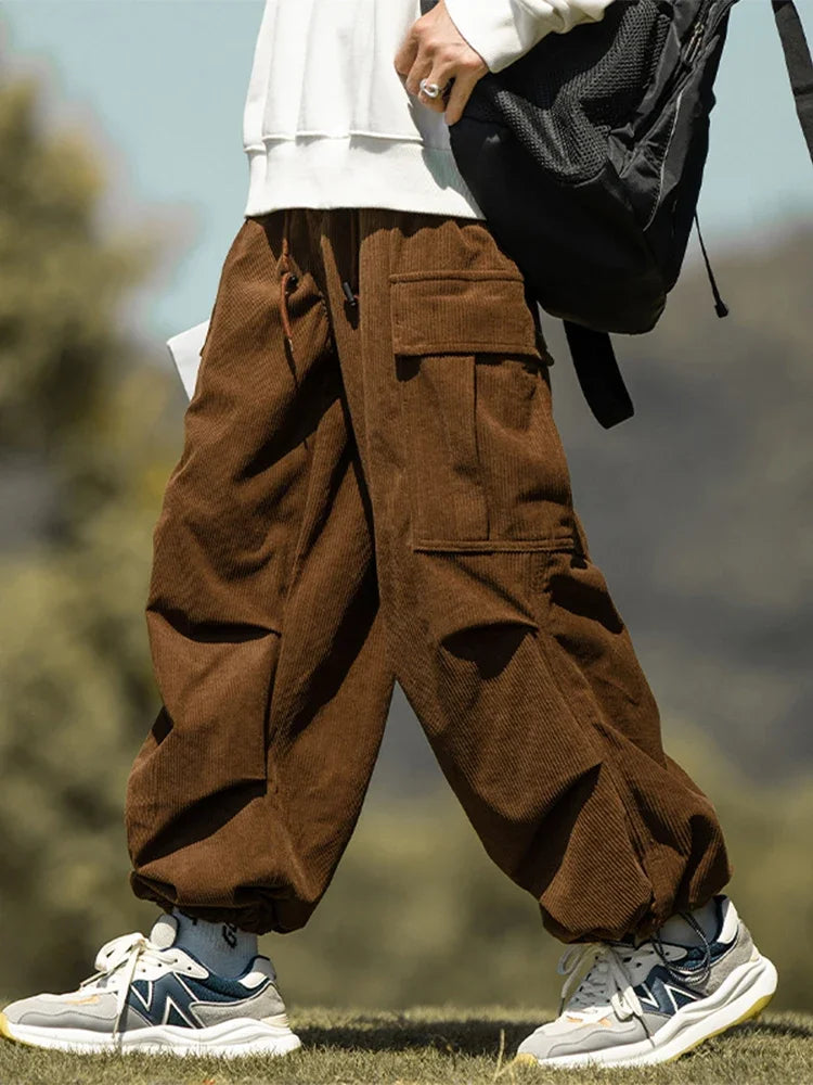 Voguable  Corduroy Cargo Pants Men Streetwear Black Cargo Trousers Male Joggers Hip Hop Green Brown Loose Japanese Pocket Korean voguable