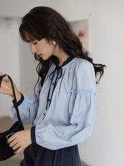 Sweet Retro Blue Blouse Women Elegant Long Sleeve Japan Shirt Fall Loose Preppy Style Ruffles Lace Up Vintage Lady Tops New voguable
