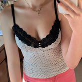 Voguable Y2K Polka Dot Crop Top Sexy Buttons Contrast Lace Patchwork V-neck Camisole Coquette Casual Basic Tank Tops All-match voguable