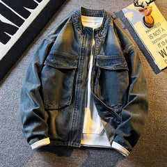 Spring Autumn Old Blue Loose Large Pocket Stand Collar Denim Jacket Men's Retro American High Street Zipper Jacket Top Urban voguable