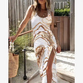 Voguable Elegant Women's Summer Dress Slimming Waist Sexy Slit Vest Skirt Cleanfit Style mid Waist Gathered H Version Cotton Blend voguable