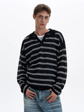 American Retro Striped Contrasting Color V-neck Long-sleeved Polo Shirt Men Women Loose Casual Bottoming Trendy Tops Aesthetic voguable