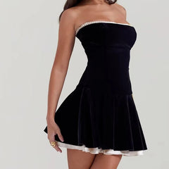 Black Strapless Christmas Dress Sexy A Line Vintage Velvet Party Mini Dresses Elegant Women Dresses voguable