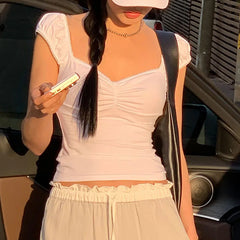 Voguable All-math T-shirts Women's Casual Basic Chest Folds V-neck Drop-shoulder Sleeves T-shirts Korean Style Streetwear Tees voguable