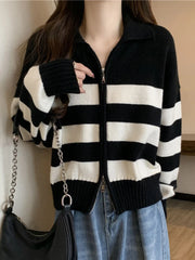 Voguable Chic Double Zipper Striped Cardigan Sweater Women Korean Casual Simple Knitted Tops Fall Winter Turn Down Collar Outwear voguable