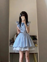 Cute Sweet Blue Plaid Dress Women Elegant 3D Floral Flying Sleeve Mini Dress Japan Vintage Slim Kawaii Lace Patchwork Dress voguable