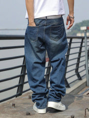 Voguable 1pc Men's American Vintage Washed Distressed Straight Leg Loose Casual Baggy Jeans voguable
