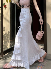 Print Vintage Long Skirt Women Casual Ruffles England Sweet Trumpet Skirts Retro Lace Up Elegant Female Design Long Skirt voguable