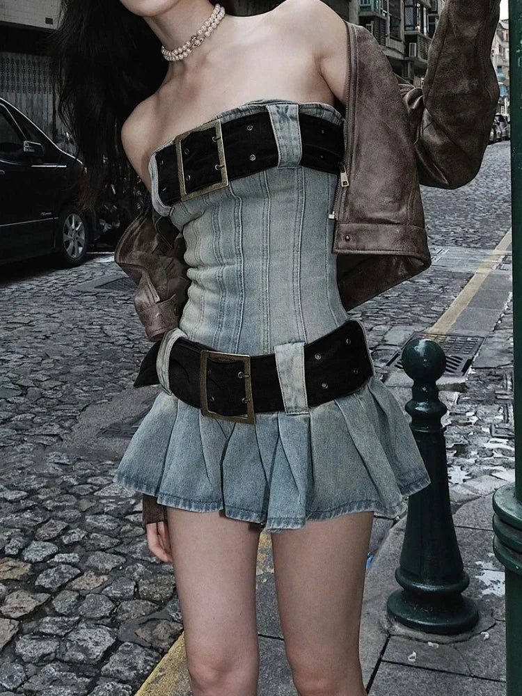 Vintage Y2k Strapless Denim Dress Women Summer Bodycon Sexy Korean Fashion Kpop Belt Pleated Mini Dress 2000s Streetwear voguable
