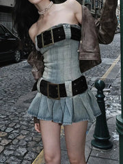 Vintage Y2k Strapless Denim Dress Women Summer Bodycon Sexy Korean Fashion Kpop Belt Pleated Mini Dress 2000s Streetwear voguable