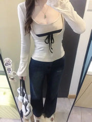 Korean Style Sexy T-Shirts Women Sweet Coquette Two Piece Sets Long Sleeve Tops Fashion Aesthetics Patchwork T-Shirts voguable