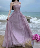 Voguable Summer Purple Fairy Evening Party Long Dress Women Vintage Sexy Dresses Ladies Spaghetti Strap Tulle Pleated Dress Backless New voguable