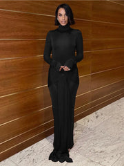 Articat High Neck Long Sleeve Bodycon Dress Women's Tight Elastic Lace Up Maxi Long Dress Autumn  New Party Club voguable