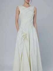 Solid Fold Design Long Dresses For Women High Waist Round Neck Sleeveless Elegant Dress Female Autumn 2025 New voguable