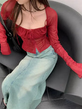 Voguable Burgundy Mesh Tops Long Sleeve Lace Up Square Collar T Shirt Women Crop Top Spring Summer Grunge Y2k Chic Tops Streetwear voguable