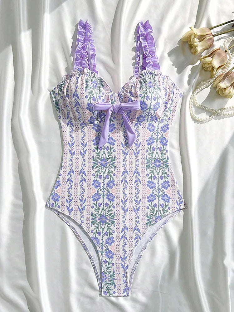 Voguable Sexy Ruffles Print Bow One Piece Swimsuit Women Beach Vacation Bikini New All Season Backless Tight One Piece Swimsuit voguable