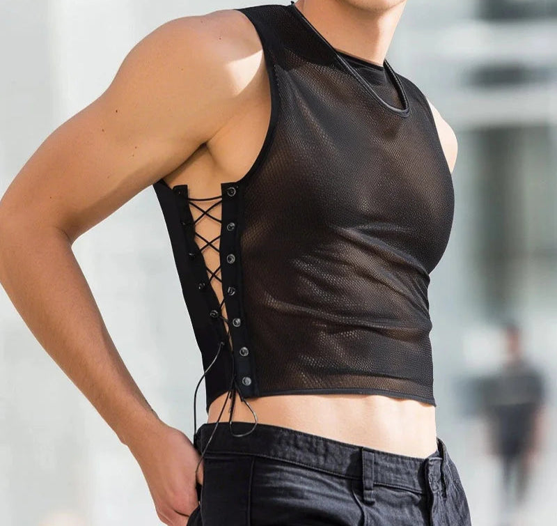 Men Tank Tops Solid Color Lace Up O-neck Sleeveless Sexy Male Vests Summer Streetwear Hollow Out Fashion Crop Tops voguable