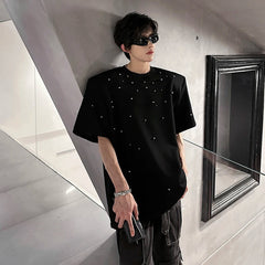 Metal Pearl Embellished Men Round Neck Cotton Tshirt man Breathable Comfort Casual 2024 Trendy Tee Top Fashion Loose Fit Plain voguable