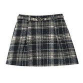 French Style Retro Plaid Mini Skirt Women Vintage High Waist With Belt A-line Spring Skirts