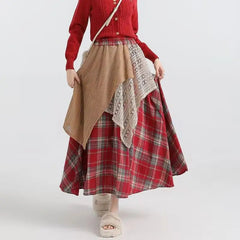 Asymmetrical Prairie Chic Bohemia Sweet Patchwork Panelled Plaid Women Autumn Winter New High Waist Casual Lace Aesthetic Skirts voguable