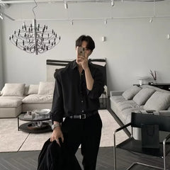 Korean Version Men Clothing 2024 New High-end Shirts for Men Solid Color Lapel Button Long-sleeved White Shirt Men Dress Shirt voguable