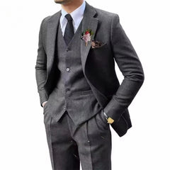 Voguable New Men's Suits Wedding Tuxedo in Brown Tweed 3-Piece Fishbone Smoking Suit with Notched Lapel Business Tweed Aesthetic Tailored voguable