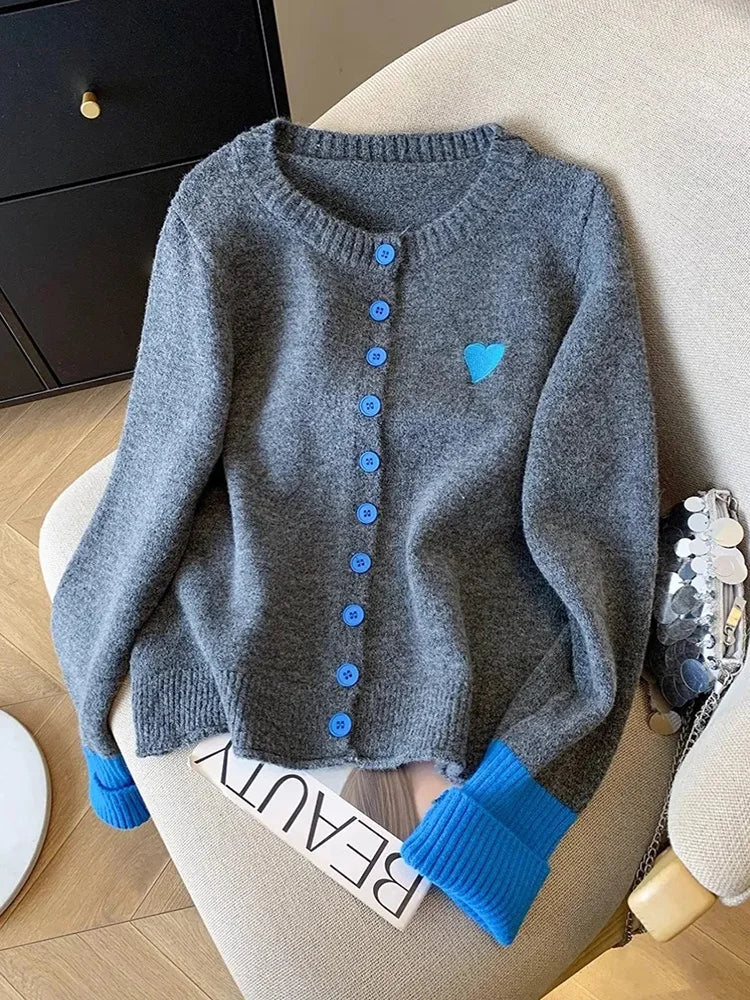 Vintage Love Print Cardigan Women Lazy Wind Patchwork Long Sleeve Knitted Sweaters Casual O Neck Fall Retro Korean Female Tops voguable