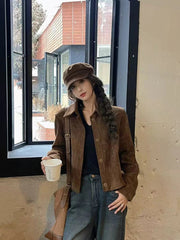 Coffee Suede Velvet Women Crop Jacket Loose Single Breasted Lapel Crop Coat Y2K Korean Chic Streetwear All Match Lady Outwear voguable