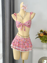 Voguable Cute Floral Print Bikini Set Bow Front Spaghetti Strap Top with Lace Trim Ruffle Skirt Cover Up Bikinis Set Swimsuit for Women voguable