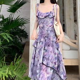 Voguable Spring New Women French Sleeveless Retro Camisole Dress Irregular Mesh Printed Dress Slim Ruffles Long Fairy Dress voguable